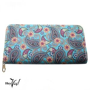 Turquoise Paisley Print Zip Wallet Clutch Easy to Hold and Carry 8 x4" - Hey Viv